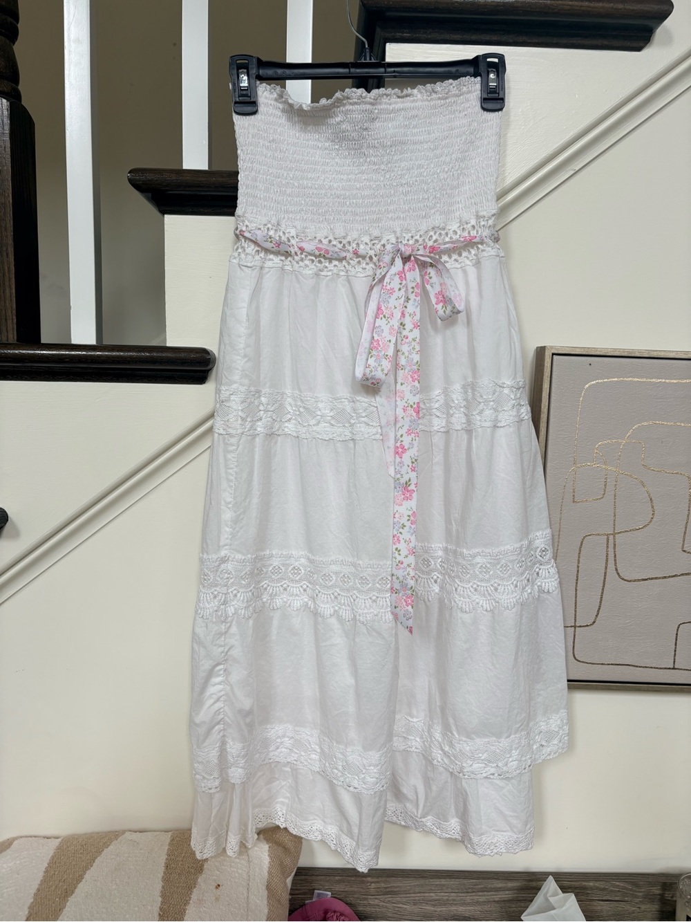 Victorias Secret Summer Strapless Beqch Princess Dress w/ Pink Floral Tie Bow